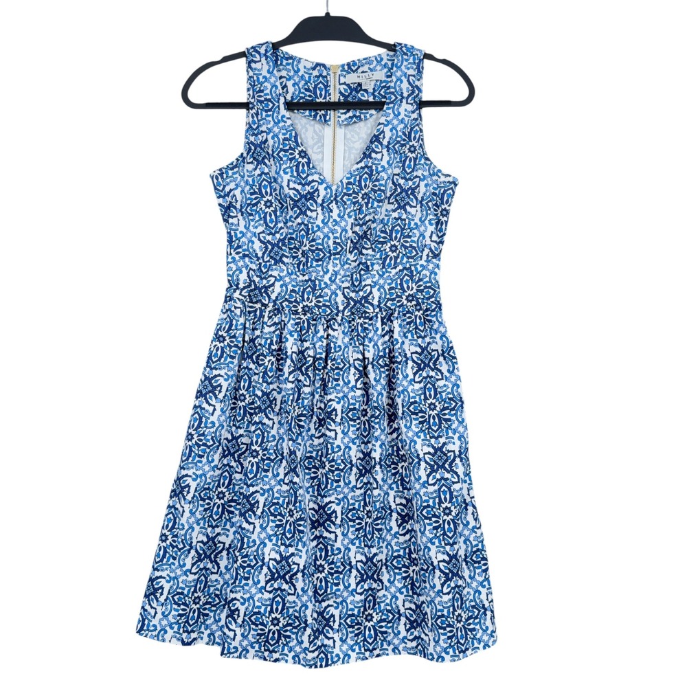 Milly for DesignNation Fit Flare Dress Women 4 Cotton Spandex Blue White Tile